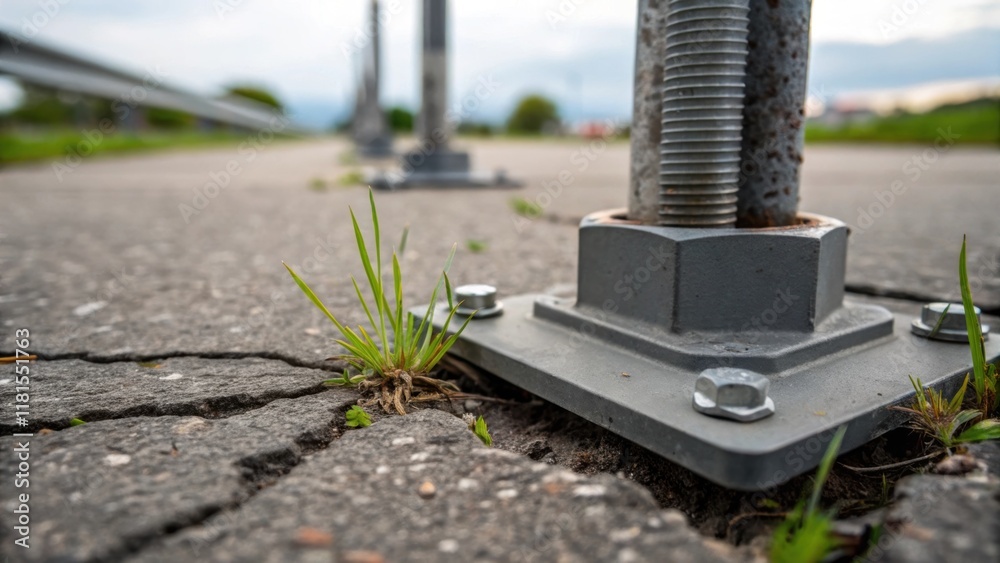 A macro view focusing on a single temporary support base highlighting the heavyduty bolts anchoring it to the ground. Cracks in the asphalt reflect the stress of the construction