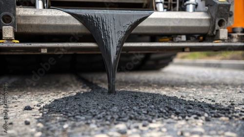 A macro view of asphalt being poured into the hopper of a paving machine with a focus on the viscous black mixture flowing smoothly contrasting against the metallic structure of photo