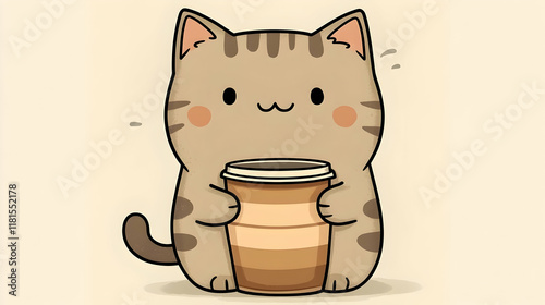 Cute Cat Holds Hot Coffee C...