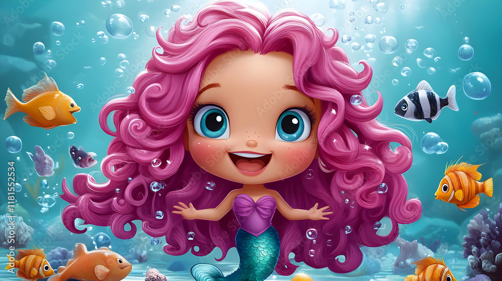 Fototapeta premium Pink-Haired Mermaid Swims Underwater with Fish Gracefully and Happily