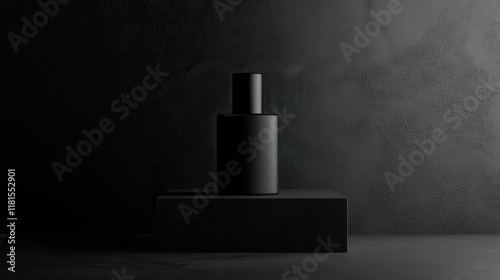 Wallpaper Mural Minimalist Matte Black Spray Bottle on Block in Dark Studio, Mockup. Torontodigital.ca