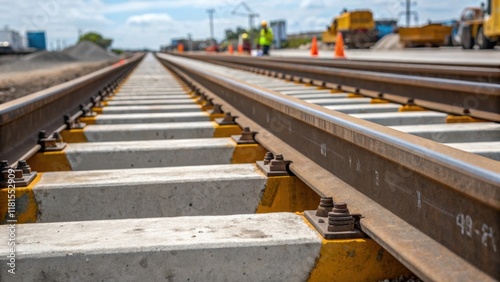 An angled perspective shows a series of precast rail ties leaning slightly their sides revealing a combination of weathered concrete and newer markings from paint or tape conveying photo