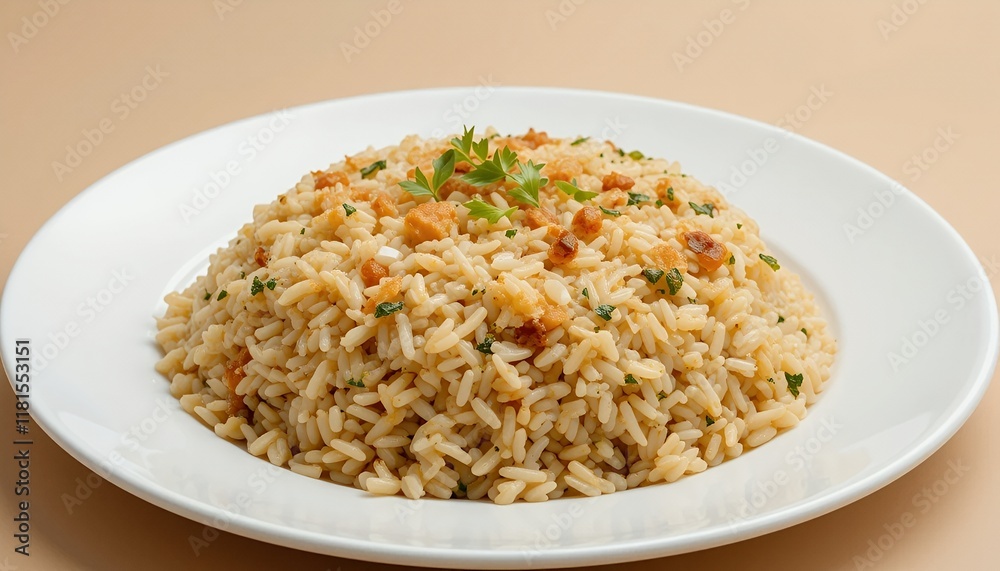 Deliciously seasoned rice dish on a white plate. Deliciously seasoned rice dish on a white plate.