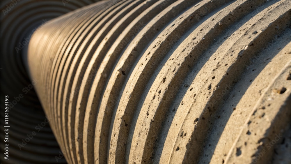 An angle focusing on the spiral patterns formed by the concrete texture on a pipes exterior magnified to reveal the nuances of the material. Light plays across the surface creating An angle focusing on the spiral patterns formed by the concrete texture on a pipes exterior magnified to reveal the nuances of the material. Light plays across the surface creating