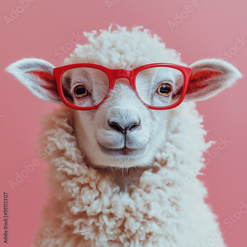 Creative sheep portrait with glasses playful setting animal photography colorful background unique perspective fun concept for animal lovers