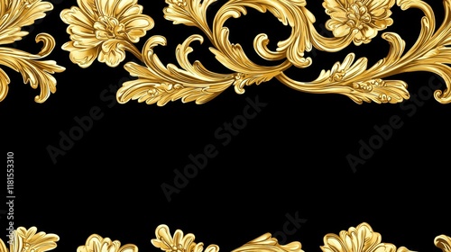 Elegant Golden Baroque Floral Ornament Frame Design Luxury Gold Accents on Black Background photo