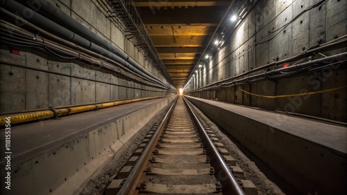 A narrow gap between two subway tunnel segments presents an intriguing perspective where the unfinished seam is highlighted against the backdrop of utilities and cables running