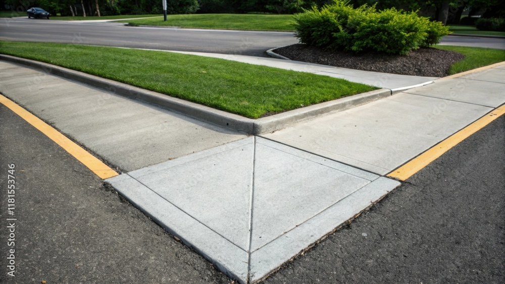 Obraz premium An artistic angle focusing on the intersection of two precast concrete medians where their paths meet to form a sy corner. The juxtaposition of sharp angles and clean lines creates