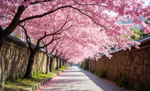 Serene pathway lined with cherry blossoms