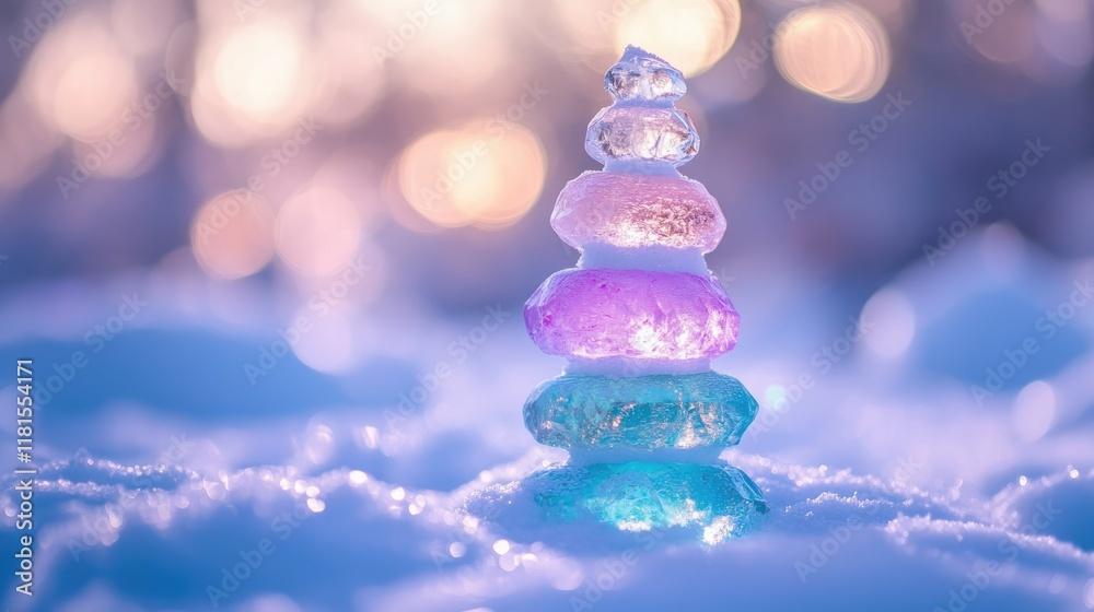 Fototapeta premium A dreamy winter scene showcasing radiant ice stacks of various hues on pristine snow with soft bokeh enhancing the background