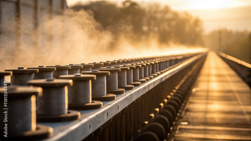Obraz premium An artistic shot capturing the line of spools stretching into the distance blurred at the edges to create a sense of depth while keeping the foreground details crisp. The warm