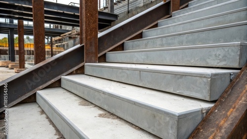 An artistic shot capturing the contrasting textures of unfinished metal beams and the smooth solid finish of precast concrete steps emphasizing the layered complexity of the photo