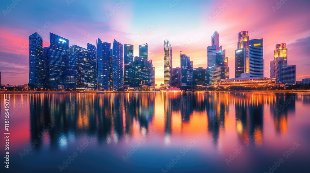 Fototapeta premium A dynamic urban skyline at golden hour, skyscrapers and reflections merging into a symphony of light and color