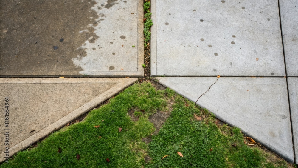 Obraz premium An image captures the perspective of a sidewalk corner where two concrete slabs join at a perfect right angle. The near slab shows stains from spilled drink and the roughness of
