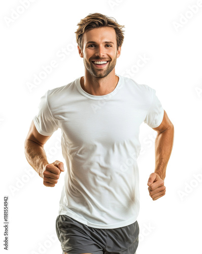 Smiling young man running in white t-shirt, fit male athlete with healthy lifestyle jogging, fitness and active exercise concept isolated on transparent background