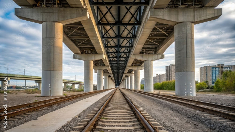 An image focusing on the base of the elevated tracks where the steel trusses rise from concrete pillars illustrating the transition from solid ground to the aerial pathway. The An image focusing on the base of the elevated tracks where the steel trusses rise from concrete pillars illustrating the transition from solid ground to the aerial pathway. The