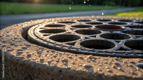 An image focusing on the intricate circular openings at the top of a precast drainage sump framed by the rugged pitted surface. Water droplets cling to the edges of the structure