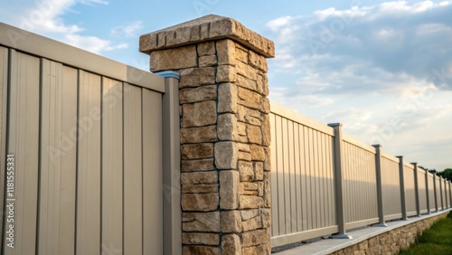 An image showing a weathered stonetextured fence post surrounded by freshly panels ready for installation. The natural color variations and rugged texture of the post contrast with photo