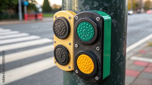 An intense zoom on a set of signal buttons for pedestrians featuring the textured surfaces of the rubberized pads that activate the crossing signals. The buttons are framed by a photo