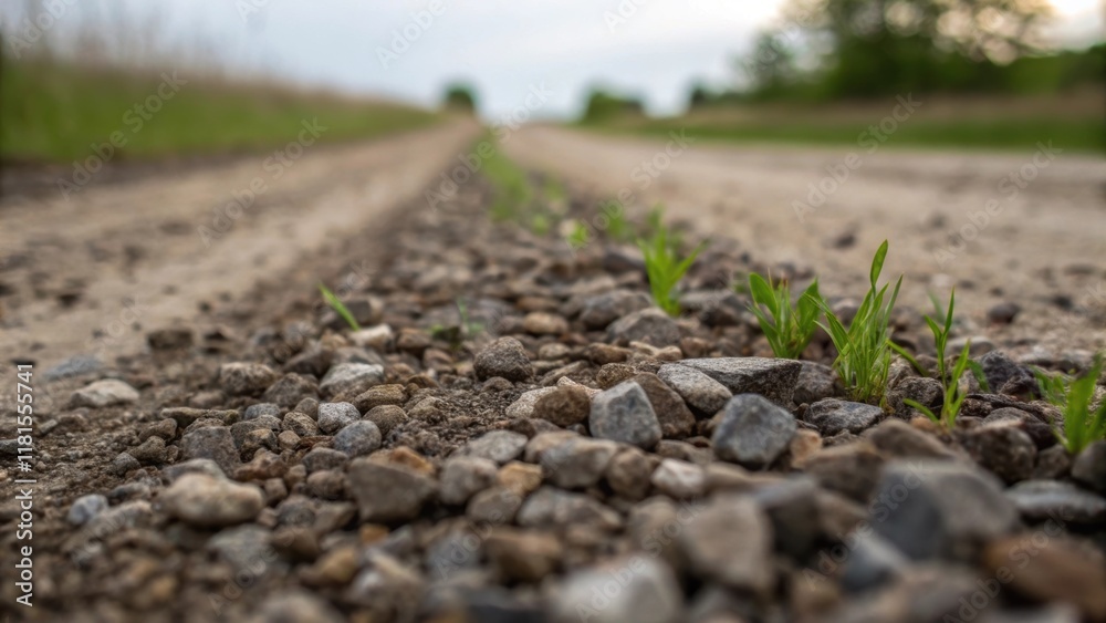 An intimate view of the edges of a gravel bed where it meets the earth showing the transition from loose gravel to compacted soil. Tiny plants are emerging through the gravel An intimate view of the edges of a gravel bed where it meets the earth showing the transition from loose gravel to compacted soil. Tiny plants are emerging through the gravel