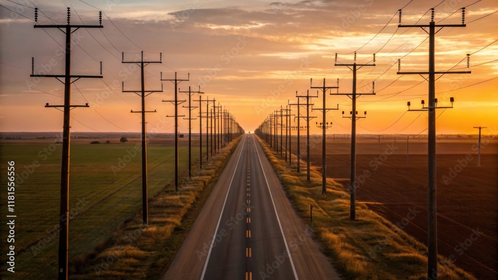 Obraz premium An overhead angle that highlights the arrangement of utility poles lined symmetrically along the roadway the varying heights and angles creating a rhythmic pattern that leads the