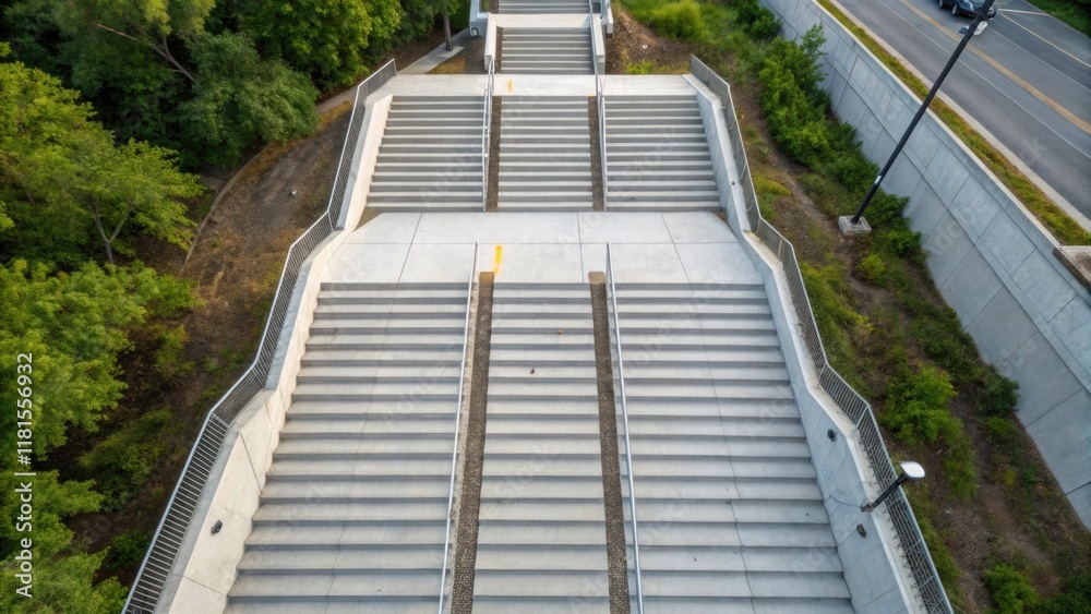 An overhead shot captures a of precast stair units waiting to be integrated into a metro station project. The stark geometric lines of the stairs contrast with the natural elements An overhead shot captures a of precast stair units waiting to be integrated into a metro station project. The stark geometric lines of the stairs contrast with the natural elements