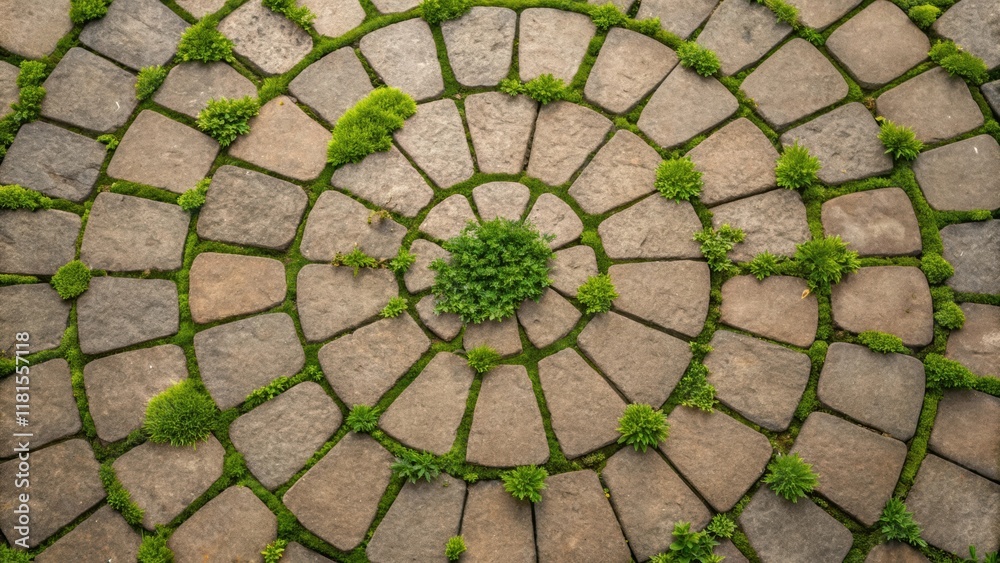 An overhead shot focusing on a circular arrangement of earthtoned pavers with moss and small green plants finding their way between the stones. The organic elements contrast An overhead shot focusing on a circular arrangement of earthtoned pavers with moss and small green plants finding their way between the stones. The organic elements contrast
