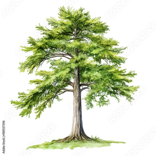 A watercolor painting of a bald cypress tree, isolated on a white background. Bald cypress tree vector.
