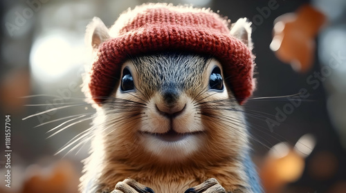Squirrel Wearing a Tiny Knit Hat Smiles Gently