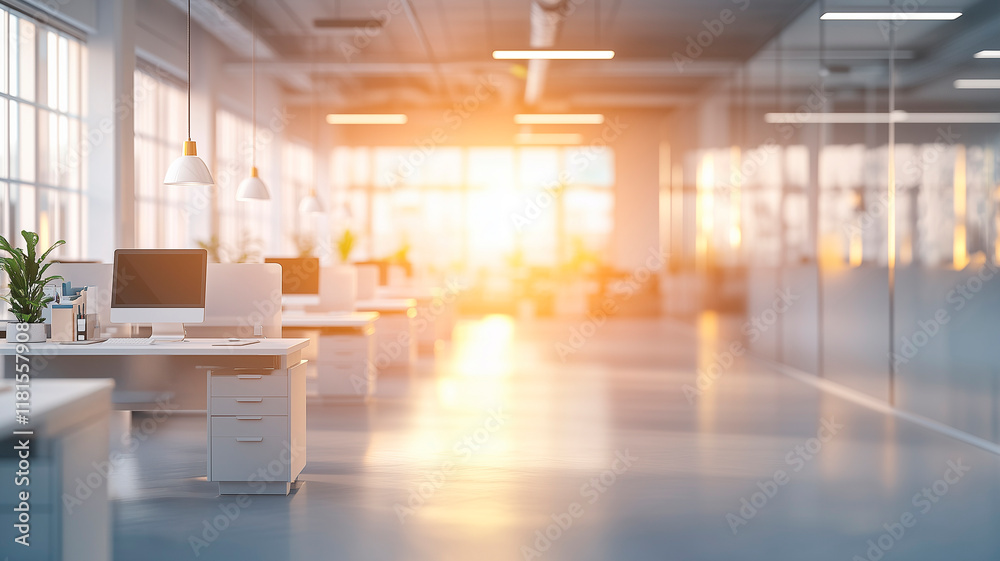 Fototapeta premium A spacious and modern office with white desks, computers and plants, illuminated by the warm sunlight coming through large windows. Ideal for graphic resources.