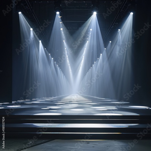 Dramatic stage lights illuminate a runway in a modern venue during an evening fashion show event