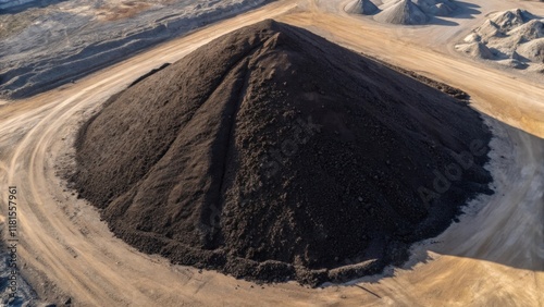 An overhead view of freshly dumped asphalt millings forming a large irregular mound at a recycling site. The rich dark color of the millings contrasts sharply with the surrounding photo