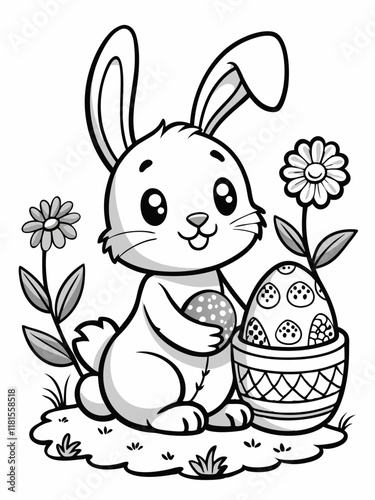 Easter Bunny with Eggs and Flowers Coloring Page – Free Printable for Kids.