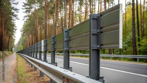 An upclose view captures the mounting brackets securing the noisereduction panels to sy posts showcasing the engineering behind their stability. The nearby roadway is framed by photo