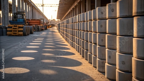 A of culvert sections stacked neatly casting long shadows on the ground. The different sizes create a visually interesting pattern with some sections bearing faint markings from photo