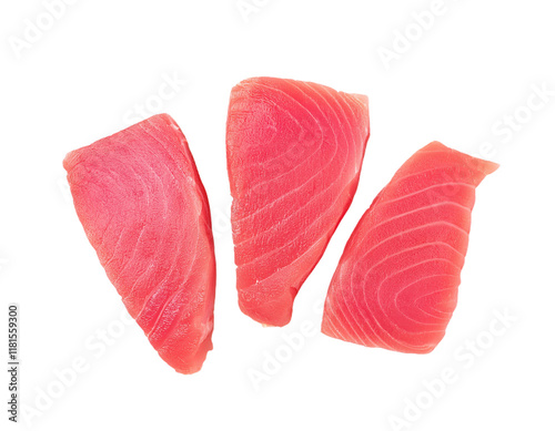 Three fresh tuna steaks isolated on transparent background