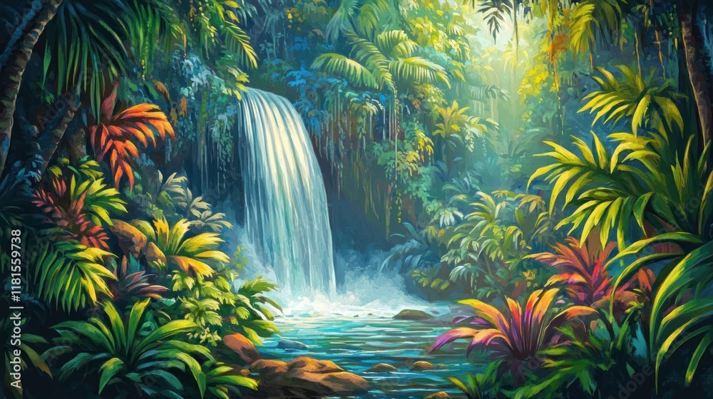 Obraz premium Lush Tropical Waterfall Paradise: A Serene Jungle Oasis
