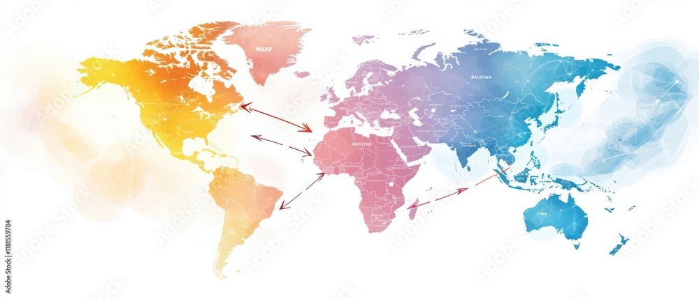 Obraz premium Colorful watercolor world map with abstract design elements and connections between continents.