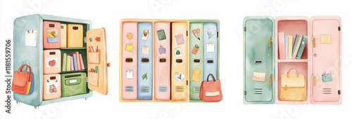 First Day Back to School Supplies. Colorful lockers filled with books and personal items in a school setting.