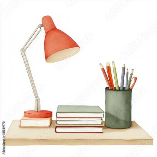 First Day Back to School Supplies. Desk with a lamp, books, and stationery supplies.