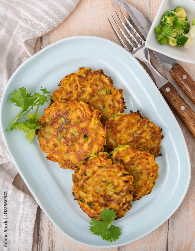 Delicious sweet potato and zucchini rosti garnished with fresh coriander on light blue plate Delicious sweet potato and zucchini rosti garnished with fresh coriander on light blue plate