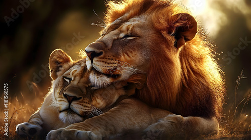 Lions Cuddle in Golden Sunl...