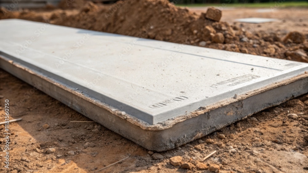 A single precast slab slightly askew lies on the ground exposing its smooth underside. Markings from the casting process are visible along with the rough edges that were left A single precast slab slightly askew lies on the ground exposing its smooth underside. Markings from the casting process are visible along with the rough edges that were left