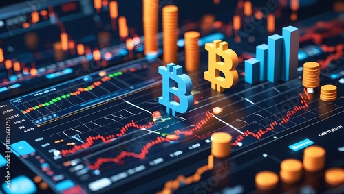 Bitcoin Cryptocurrency Trading with Market Analysis Charts and Digital Investment Concept