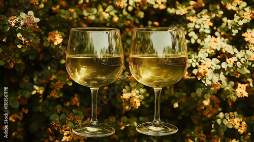 White Wine Sparkles in Sunlight with Garden Greenery photo