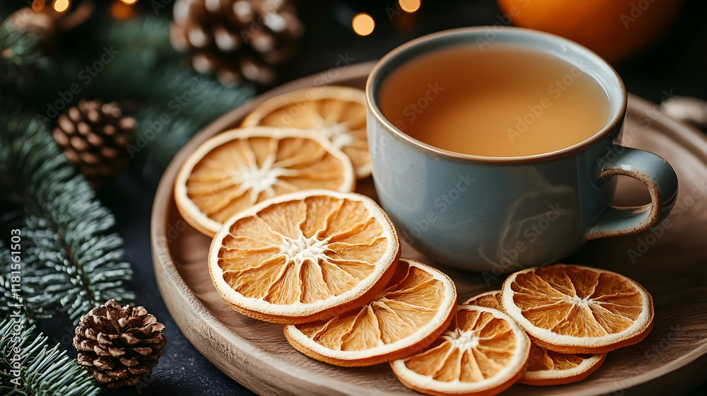 Warm Citrus Tea with Dried Orange Slices and Pine Cones for Winter Season Warm Citrus Tea with Dried Orange Slices and Pine Cones for Winter Season
