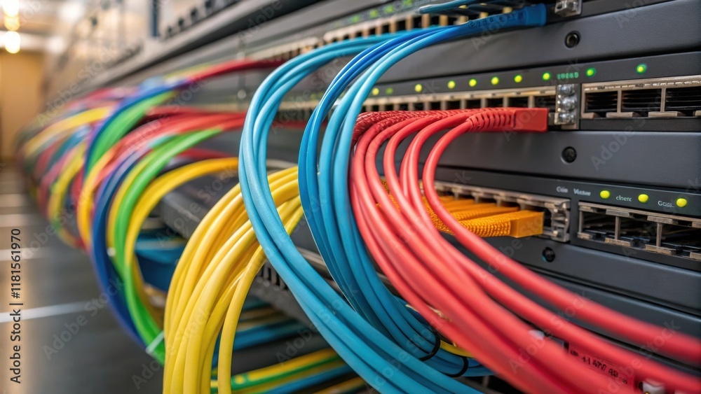 A vibrant image focusing on the chaotic elegance of fiber optic cables overlapping on a rack. The gentle loops and curves intertwine creating an abstract art piece that dances with A vibrant image focusing on the chaotic elegance of fiber optic cables overlapping on a rack. The gentle loops and curves intertwine creating an abstract art piece that dances with