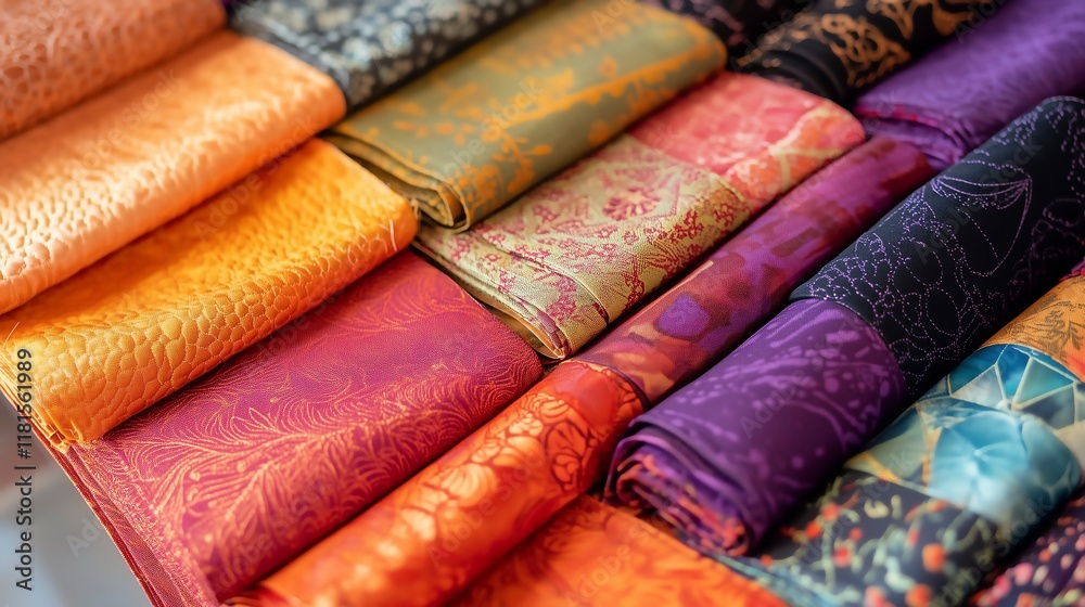 Overhead perspective of vibrant quilting fabrics, emphasizing intricate textures and colorful designs. Overhead perspective of vibrant quilting fabrics, emphasizing intricate textures and colorful designs.