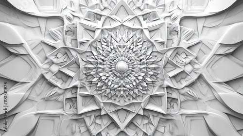 Intricate white 3D mandala pattern.