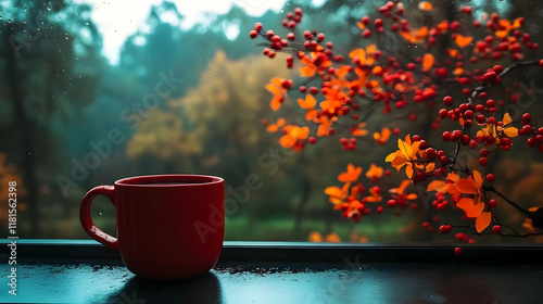 Red Mug Enjoys Autumn Rain ...